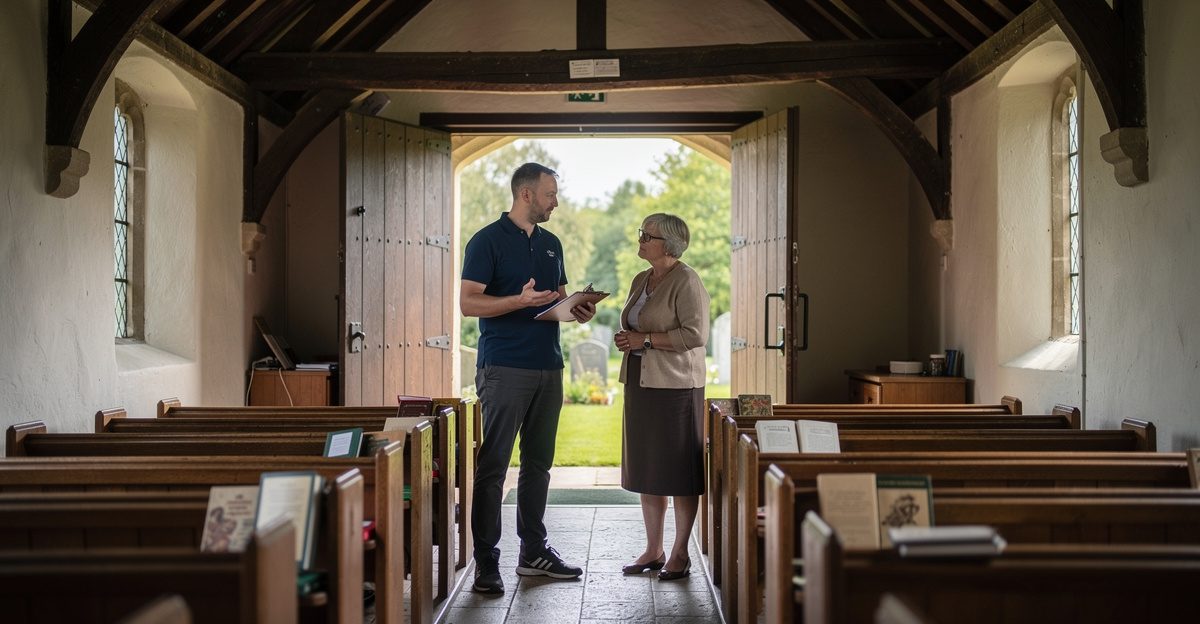 Health and safety consultant talking with a churchwarden inside a historic church
