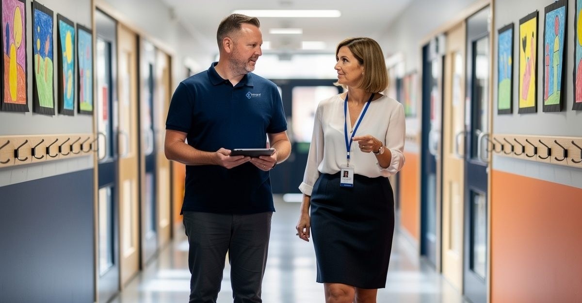 Health and safety consultant walking a school corridor with the school business manager