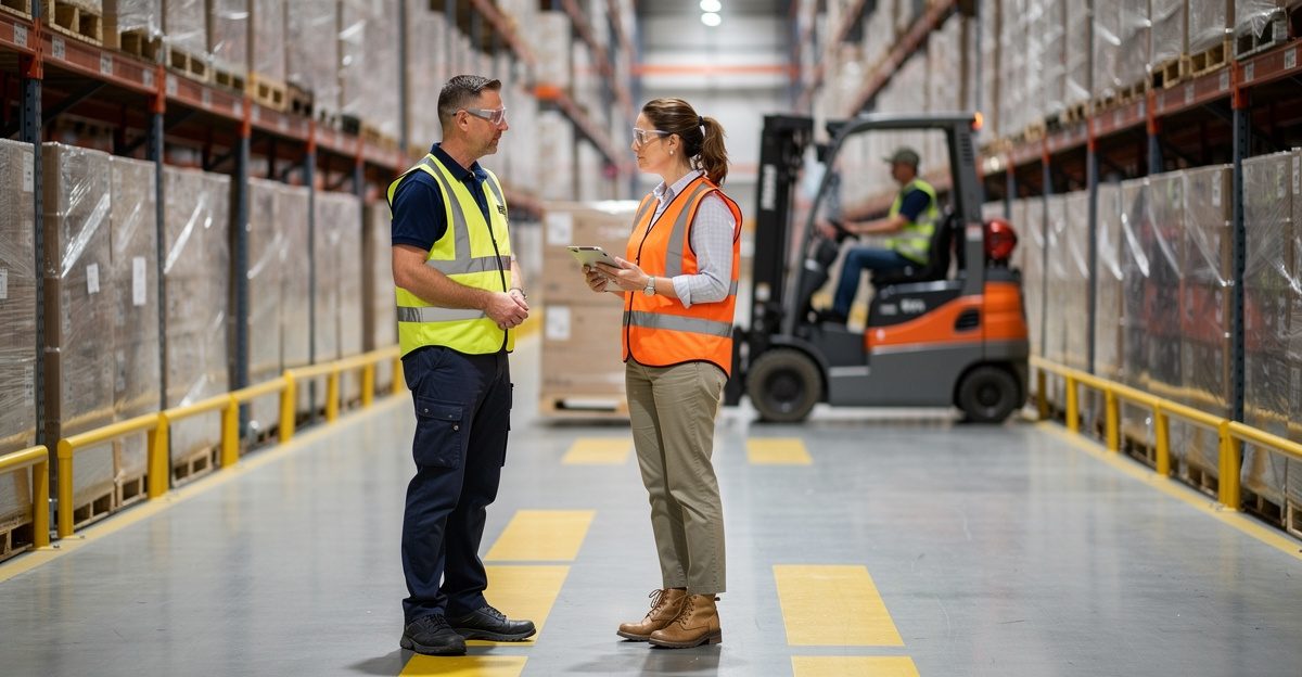 Health and safety consultant with a warehouse manager in a marked pedestrian walkway